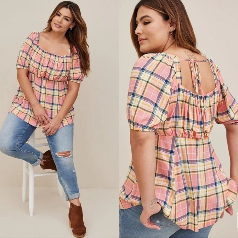 NEW Torrid Babydoll Rayon Slub Puff Sleeve Plaid Top Size 4X NWT‎
